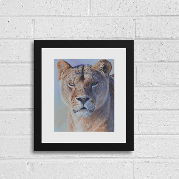 Freya lion art paper print black frame