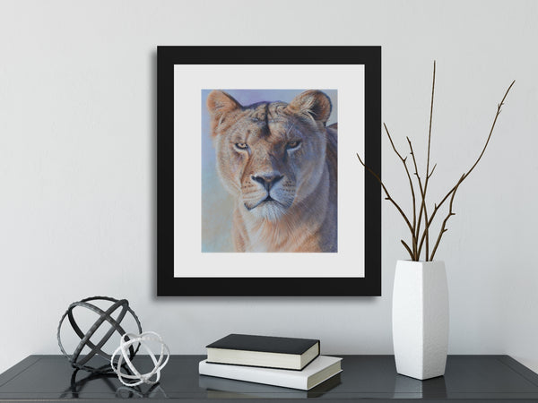 Freya lion art paper print black frame in scene