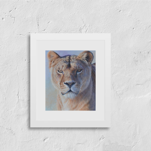 Freya lion art paper print white frame