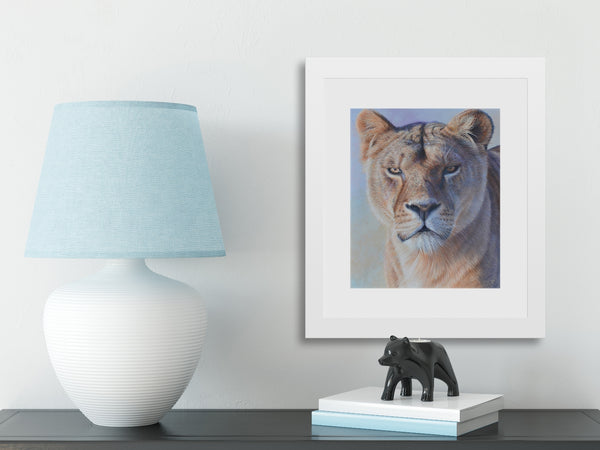 Freya lion art paper print white frame in scene