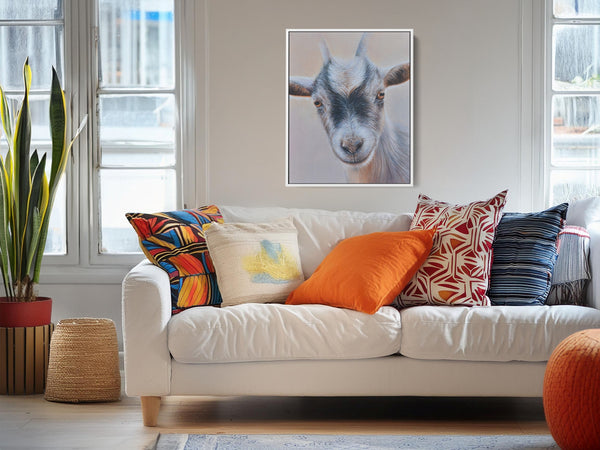 Sam Dolman Pickles Goat Canvas Art, White frame in scene