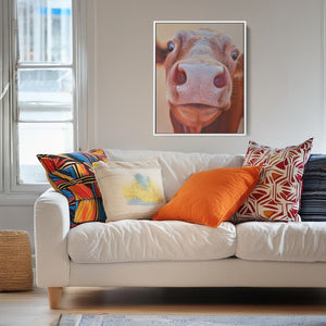 Sam Dolman Rita Cow Canvas Art, White frame in scene