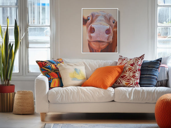 Sam Dolman Rita Cow Canvas Art, White frame in scene