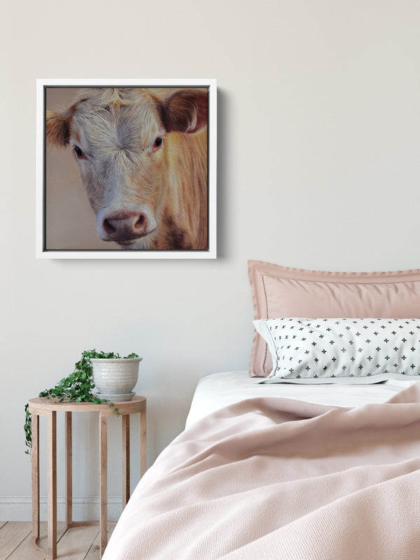 Sam Dolman Sally Cow Wall Art, White frame in scene